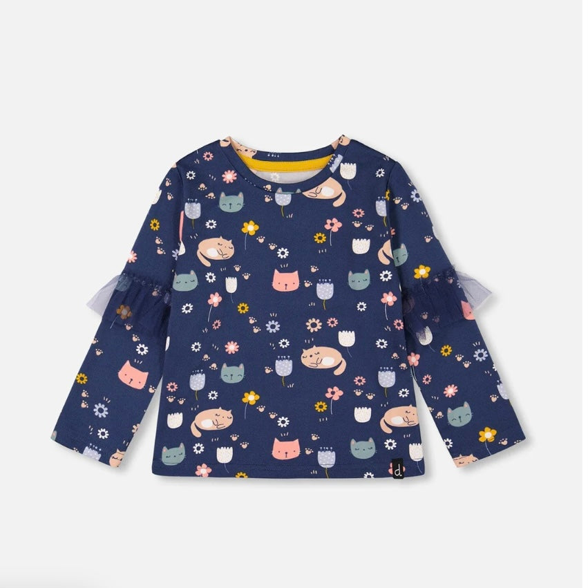 Print Cat Navy Frilled Sleeve Tee